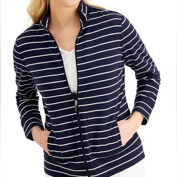 Karen Scott Jackets & Blazers - Karen Scott Black Sport  Zip Up Jacket Striped Activewear Women’s M
